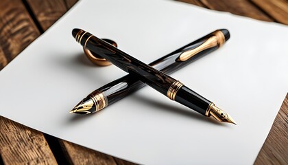 elegant luxury fountain pen poised on pristine paper atop a rich wooden desk