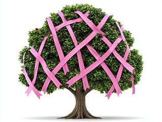 A tree adorned with pink ribbons, symbolizing hope and support for a cause.