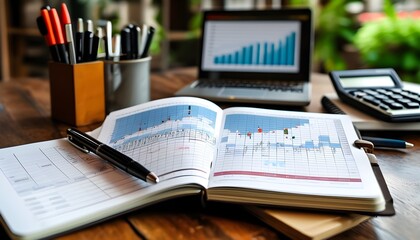 Wall Mural - Comprehensive Overview of the Accounting Cycle with Chart, Pen, and Calculator on Notebook