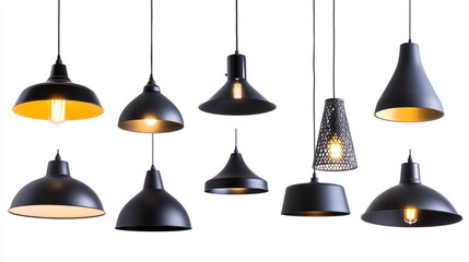 Set of black hanging lamps isolated on a white background, a collection of different modern ceiling light designs in various shapes with metal shades