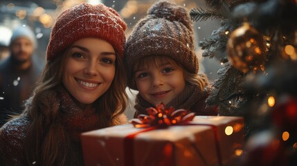 A joyful woman and child holding a gift by a decorated tree.