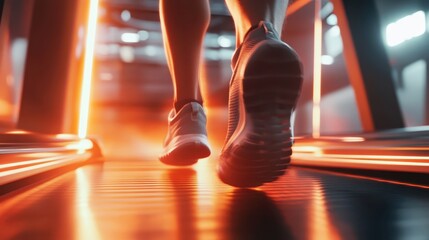 Close-up of feet in motion on a treadmill, showcasing speed and determination, [fitness motivation], [cardio workout].