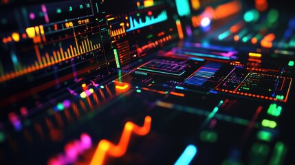 Close-up of a digital oscilloscope screen displaying vibrant electrical waveforms and signal patterns