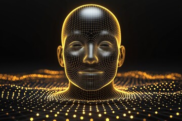 Wall Mural - Digital humanoid head with a glowing yellow grid symbolizing artificial intelligence machine learning and the interface between human cognition and technological progress