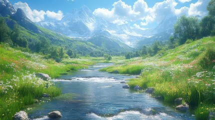 Poster - A beautiful mountain landscape with a river running through it