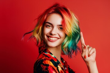 Young woman's dynamic style shines her multicolor hair. Modern multicolor hairstyle highlights woman's expressive charm. Intersection of creativity individuality and modern fashion.