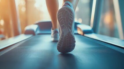 Close-up of feet in motion on a treadmill, showcasing speed and determination, [fitness motivation], [cardio workout].