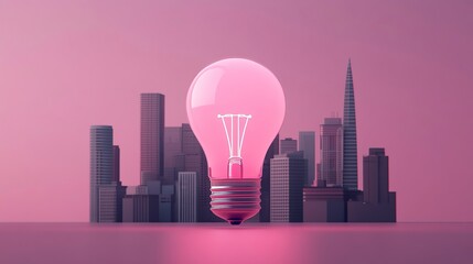 Wall Mural - a glowing pink light bulb stands out against a vibrant city skyline, symbolizing creativity and inno