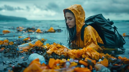 Poster - Depict a person volunteering with a coastal cleanup crew, removing