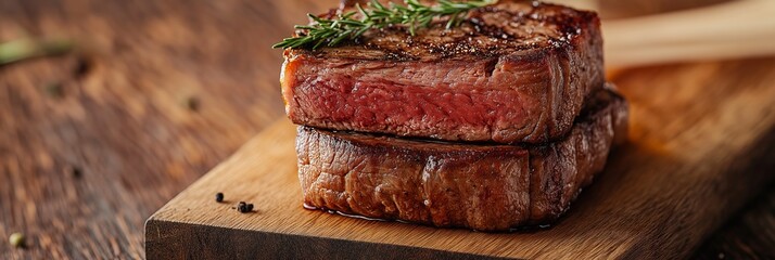 Two grilled steaks on a wooden board, beautifully seared with visible herbs garnishing the top, showcasing culinary excellence.