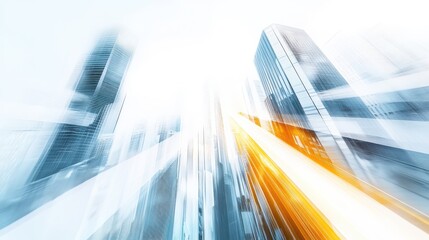 Abstract futuristic city background with light speed lines and blurred skyscrapers on a white background. 