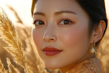 Poster - Portrait of a woman in golden light symbolizing natural beauty grace and the radiant energy of personal confidence in a serene outdoor setting