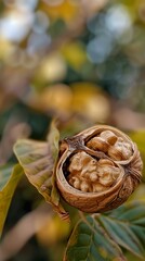 Wall Mural - A cracked walnut shell with two halves reveals the nut inside, resting on a branch with green and brown leaves.