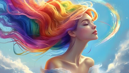 Wall Mural - Enchanting fantasy woman with swirling rainbow hair in a whimsical portrait created by Generative AI