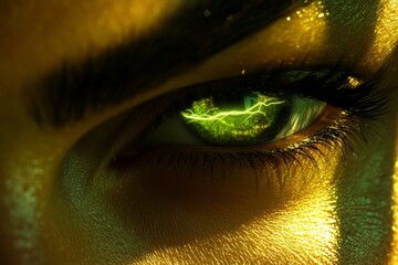 Wall Mural - Close up of an eye with green glowing highlights symbolizing surveillance power and the sharp focus of enhanced vision in the modern world