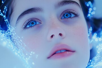 Canvas Print - Close up of a woman with blue glowing droplets surrounding her face symbolizing purity transformation and the serene energy of personal growth