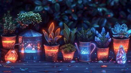 Sticker - Develop a collection of neon gardening symbols, including shining watering