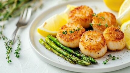 Wall Mural - A gourmet plate of fried scallops, vibrant asparagus, lemon wedges, and sprigs of thyme, served on a white table, emphasizing freshness and a balanced meal.