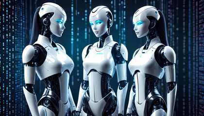 pair of humanoid cyber girl Robots with binary code represent artificial intelligence AI