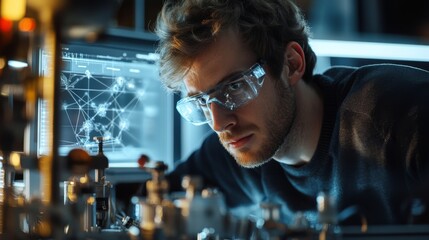a researcher working with a quantum computing machine, with complex diagrams on a screen in the back