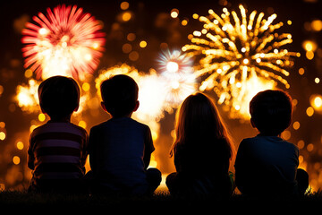 Wall Mural - Kids excitedly watching Diwali fireworks in the night sky