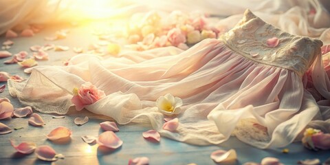 whimsical morning light captures soft focus crumpled vintage dress scattered petals pastel hues inno
