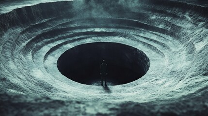 Poster - A man stands in the center of a large hole in the ground