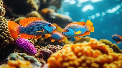 Two fish swimming in a coral reef