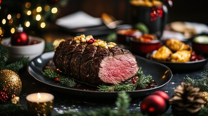 Wall Mural - A mouth-watering roast beef fillet served on a Christmas table, accompanied by holiday decor and festive side dishes, ready for a cozy holiday meal.