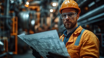 A worker in safety gear examines blueprints in an industrial setting.