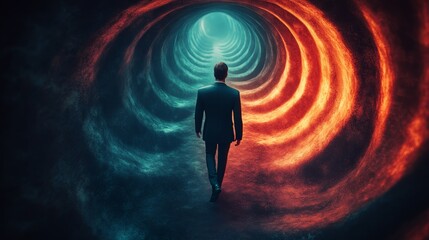 Sticker - A man walks through a tunnel with red and blue swirls