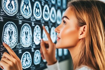 Wall Mural - Medical professional examining multiple brain scans symbolizing the role of neuroimaging medical research and advanced technology in healthcare diagnostics