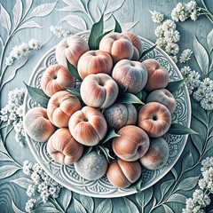 Peach-colored decorative pumpkins arranged on an ornate plate with white flowers on a soft blue background