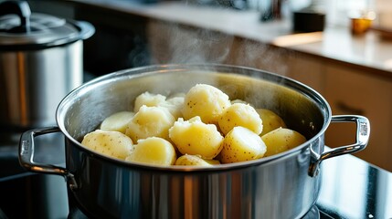 A pot filled with boiled potatoes, perfectly cooked, ready to be mashed with butter and salt, soft steam rising, with a kitchen counter in the background