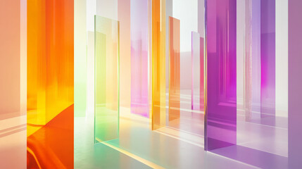 A color prism concept with soft, floating prisms refracting light into rainbow gradients of orange, purple, and green, set against a smooth, white background.