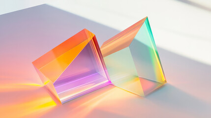 A color prism concept with soft, floating prisms refracting light into rainbow gradients of orange, purple, and green, set against a smooth, white background.