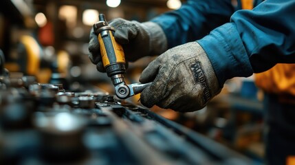 A worker using a power tool in a workshop for mechanical tasks.