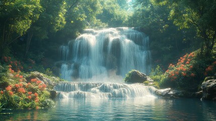 Poster - A waterfall is flowing into a pond with a lot of greenery