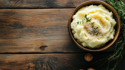 Wall Mural - A rustic wooden table with a bowl of parmesan-topped mashed potatoes, photographed from above. Ample copy space surrounds the simple, cozy meal