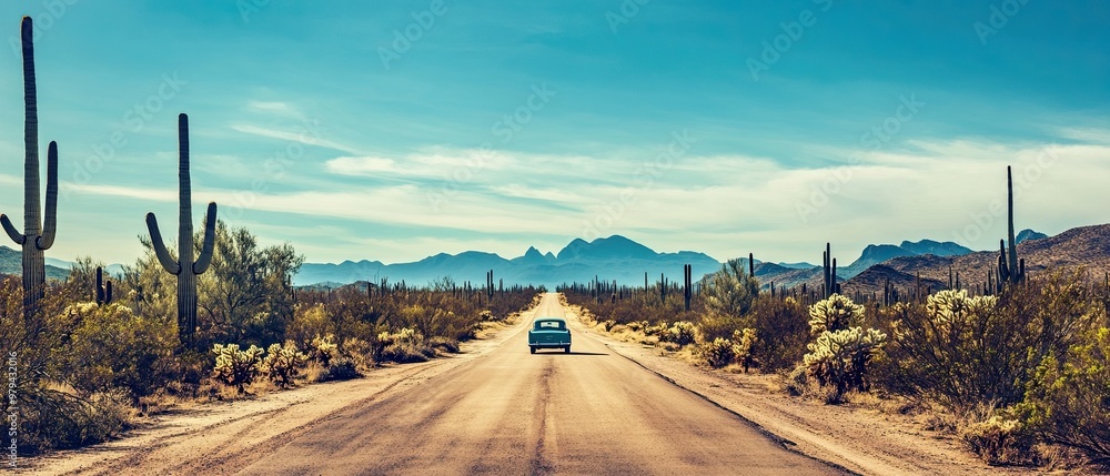 Empty desert road stretching into the horizon under a deep blue sky ...