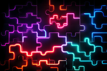 Poster - Neon silhouette of interconnected puzzle pieces surrounded by glowing outlines isolated on black background.