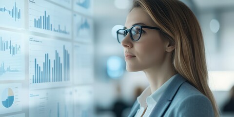 Wall Mural - a woman in glasses analyzes data charts on a digital screen, showcasing her focused expression in a 