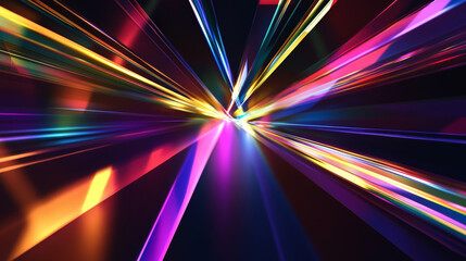 Poster - A futuristic prism backdrop with sharp, angular prisms refracting light into vibrant spectrums of color, casting dynamic beams on a smooth, black background.