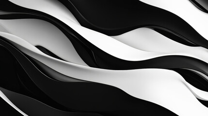 A high-contrast 3D wave pattern with sharp, angular curves in black and white, creating a bold and dynamic abstract composition with deep shadows and reflective highlights.