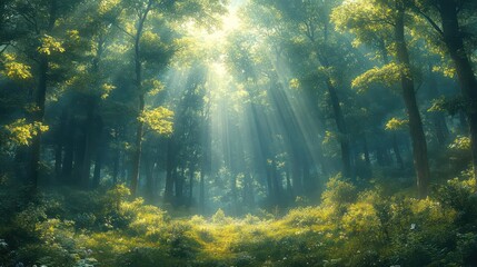 Poster - A forest with sunlight shining through the trees