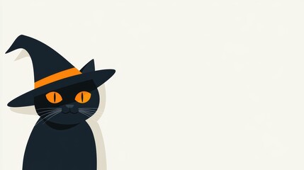 Black cat with witch hat, playful theme, Black Cat Day, white background, flat design illustration