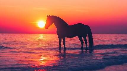 Poster - A majestic black horse stands silhouetted against a vibrant sunset over the ocean. The sun's glow illuminates the scene with warmth and beauty.