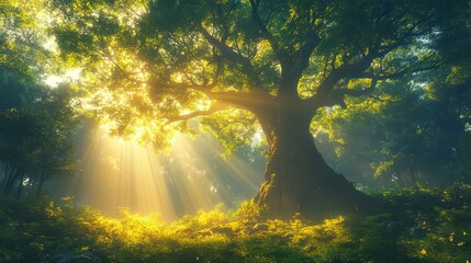 Poster - A large tree is in the foreground of a forest