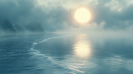 Wall Mural - a beautiful blue ocean with a large sun in the sky