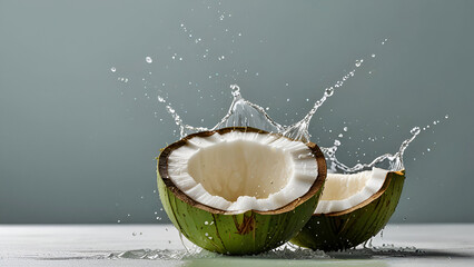 Green coconut with coconut water splashing, isolated on a white background. Ai generative